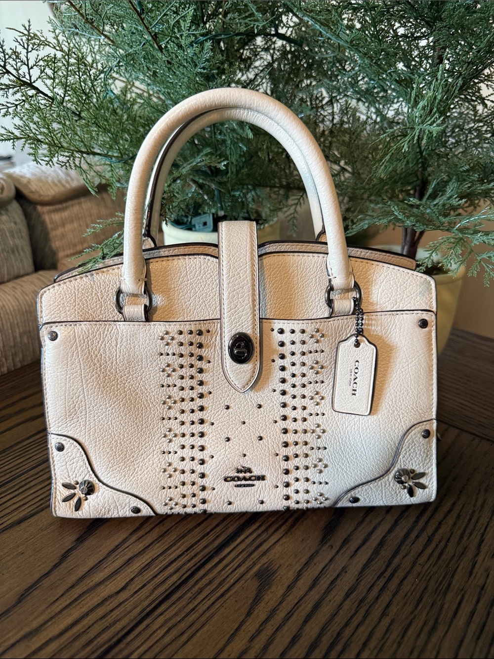 Coach Beige Pebbled Leather Studded Satchel
